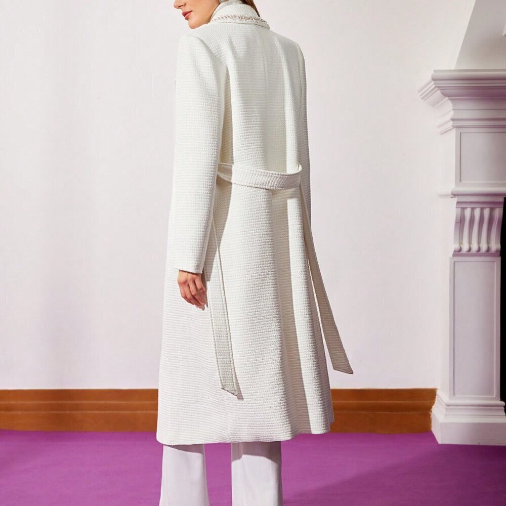 White Elegant Women's Belted Pearl Trim Tweed Coat - Picture 5 of 9